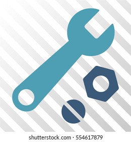 Wrench and Nuts vector icon. Illustration style is flat iconic bicolor cyan and blue symbol on a hatched transparent background.