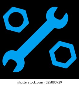 Wrench And Nuts vector icon. Style is flat symbol, blue color, rounded angles, black background.