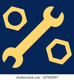 Wrench And Nuts vector icon. Style is flat symbol, yellow color, rounded angles, blue background.