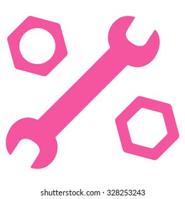 Wrench And Nuts vector icon. Style is flat symbol, pink color, rounded angles, white background.