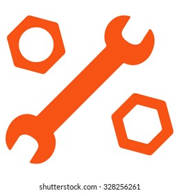 Wrench And Nuts vector icon. Style is flat symbol, orange color, rounded angles, white background.