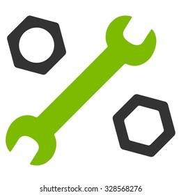 Wrench And Nuts vector icon. Style is bicolor flat symbol, eco green and gray colors, rounded angles, white background.