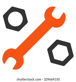 Wrench And Nuts vector icon. Style is bicolor flat symbol, orange and gray colors, rounded angles, white background.