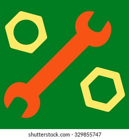 Wrench And Nuts vector icon. Style is bicolor flat symbol, orange and yellow colors, rounded angles, green background.