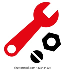 Wrench And Nuts vector icon. Style is bicolor flat symbol, intensive red and black colors, rounded angles, white background.