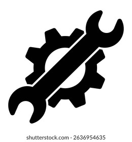 Wrench on cogwheel gear solid icon, repair service concept. Vector graphics. Repair tool sign on white background, style mobile or design