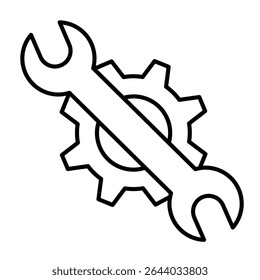 Wrench on cogwheel gear thin line icon, repair service concept. Vector graphics. Repair tool sign on white background, style mobile or design