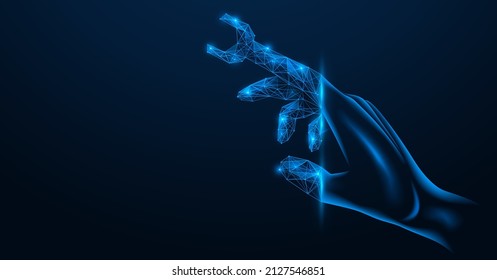 A wrench on the finger of the hand. A tool for setting up digital mechanisms. Polygonal design. Blue background.