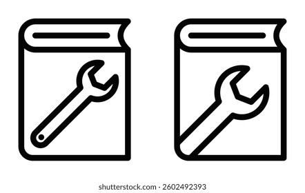 Wrench on repair manual book icon set. Editable stroke.