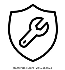 Wrench on safety emblem line icon, repair service concept. Vector graphics. Shield with wrench, engineering sign on white background, style mobile or design