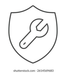 Wrench on safety emblem thin line icon, repair service concept. Vector graphics. Shield with wrench, engineering sign on white background, linear style icon for mobile or web design