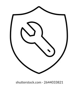 Wrench on safety emblem thin line icon, repair service concept. Vector graphics. Shield with wrench, engineering sign on white background, style mobile or design