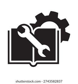 A wrench and open book with gears representing technical documentation