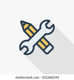 Wrench and pen, installation, design thin line flat color icon. Linear vector illustration. Pictogram isolated on white background. Colorful long shadow design.