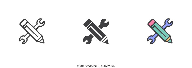 Wrench and pencil icon. Crossed pencil with a wrench line and glyph version, outline and filled vector sign. linear and full pictogram. Skills symbol, logo illustration. Different style icons set