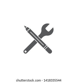 Concepto de icono de la llave y del vector del lápiz, aislado en fondo blanco