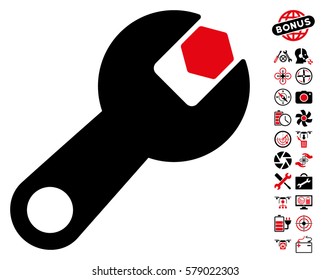 Wrench pictograph with bonus aircopter service pictograms. Vector illustration style is flat iconic intensive red and black symbols on white background.