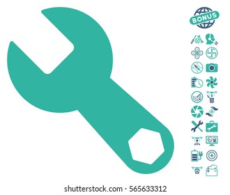 Wrench pictograph with bonus aircopter tools pictograms. Vector illustration style is flat iconic cobalt and cyan symbols on white background.