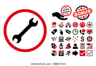 Wrench pictograph with bonus design elements. Vector illustration style is flat iconic bicolor symbols, intensive red and black colors, white background.