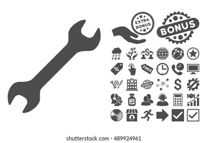 Wrench pictograph with bonus elements. Vector illustration style is flat iconic symbols, gray color, white background.
