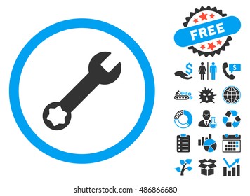 Wrench pictograph with bonus images. Vector illustration style is flat iconic bicolor symbols, blue and gray colors, white background.