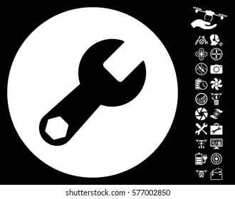 Wrench pictograph with bonus quadrocopter service images. Vector illustration style is flat iconic white symbols on black background.