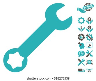 Wrench pictograph with bonus service pictograph collection. Vector illustration style is flat iconic grey and cyan symbols on white background.