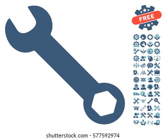 Wrench pictograph with bonus setup tools pictograph collection. Vector illustration style is flat iconic cyan and blue symbols on white background.