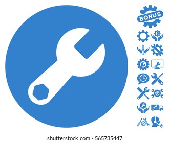 Wrench pictograph with bonus tools design elements. Vector illustration style is flat iconic cobalt symbols on white background.