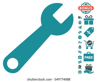 Wrench pictograph with free bonus design elements. Vector illustration style is flat iconic symbols, soft blue colors, white background.