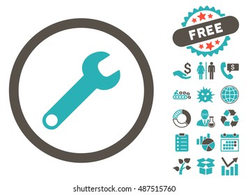 Wrench pictograph with free bonus elements. Vector illustration style is flat iconic bicolor symbols, grey and cyan colors, white background.