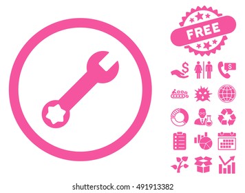 Wrench pictograph with free bonus pictogram. Vector illustration style is flat iconic symbols, pink color, white background.
