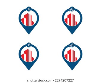 Wrench Pin Map Location with Building Repair Logo Concept symbol icon sign Design Element. Plumbing, Construction Building, House, Home Repair, Mechanic Services Logotype. Vector illustration template