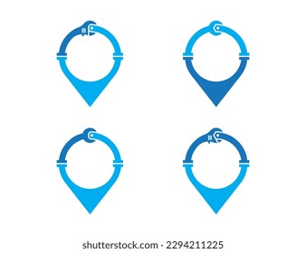 Wrench Pin Map Location Plumbing Logo Concept symbol icon sign Design Element. Plumber, Construction Building, House, Home Repair, Mechanic Services Logotype. Vector illustration template