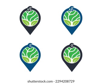 Wrench Pin Map Location with Tree Leaf Repair Logo Concept symbol icon sign Design Element. Plumbing, Construction Building, Home Repair, Mechanic Services Logotype. Vector illustration template
