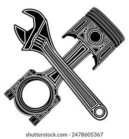 wrench and piston engine cross icon. motorcycle service symbol logo design vector illustration