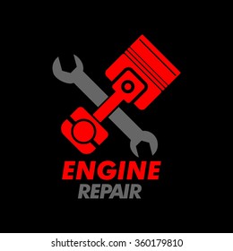 Wrench and piston icon with black background. Mechanic service and mechanics, connection and operation engineering design work.