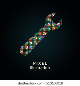 Wrench - pixel icon. Vector Illustration. Design logo element. Isolated on black background. It is easy to change to any color.