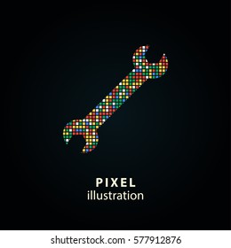 Wrench - pixel icon. Vector Illustration. Design logo element. Isolated on black background. It is easy to change to any color.