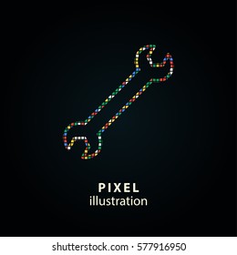Wrench - pixel icon. Vector Illustration. Design logo element. Isolated on black background. It is easy to change to any color.