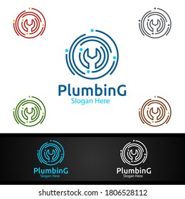 Wrench Plumbing Logo with Water and Fix Home Concept