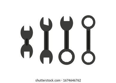Wrench and polyhedron work tools set vector illustration isolated on white background. Icon or symbol of hardware sized nuts and bolts in and around for workshop. Place for text, Easy to add change.