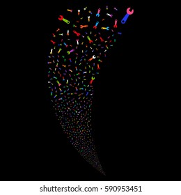 Wrench random fireworks stream. Vector illustration style is flat bright multicolored iconic symbols on a black background. Object fountain organized from scattered symbols.