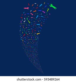 Wrench random fireworks stream. Vector illustration style is flat bright multicolored iconic symbols on a blue background. Object fountain organized from scattered design elements.