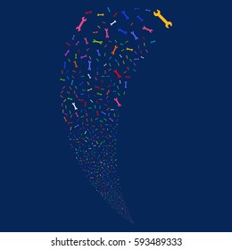 Wrench random fireworks stream. Vector illustration style is flat bright multicolored iconic symbols on a blue background. Object fountain constructed from scattered icons.
