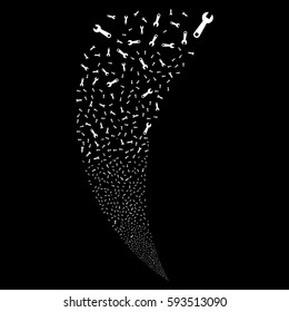 Wrench random fireworks stream. Vector illustration style is flat white iconic symbols on a black background. Object fountain combined from scattered pictograms.