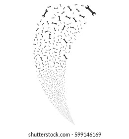 Wrench random fireworks stream. Vector illustration style is flat gray iconic symbols on a white background. Object fountain done from scattered icons.