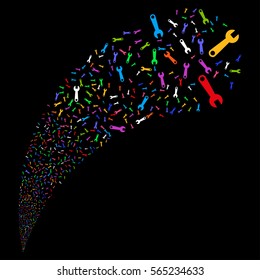 Wrench random source stream. Vector illustration style is flat bright multicolored iconic symbols on a black background. Object fountain combined from icons.