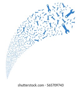 Wrench random source stream. Vector illustration style is flat cobalt iconic symbols on a white background. Object fountain made from pictographs.