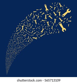 Wrench random source stream. Vector illustration style is flat yellow iconic symbols on a blue background. Object fountain constructed from pictograms.